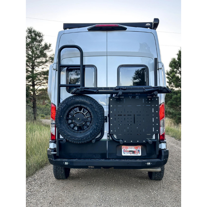 Back of Transit van with installed Transit van tire carrier